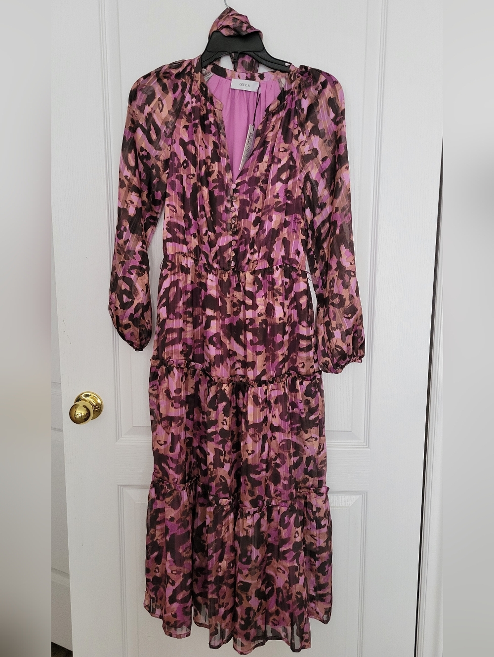 NWT Women's Pink Purple Printed Tiered Maxi Dress, with Waist Tie, Sz XS,